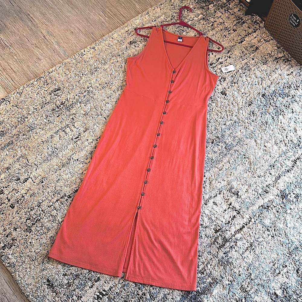 Bright Peach Sleeveless Button Down Midi Dress